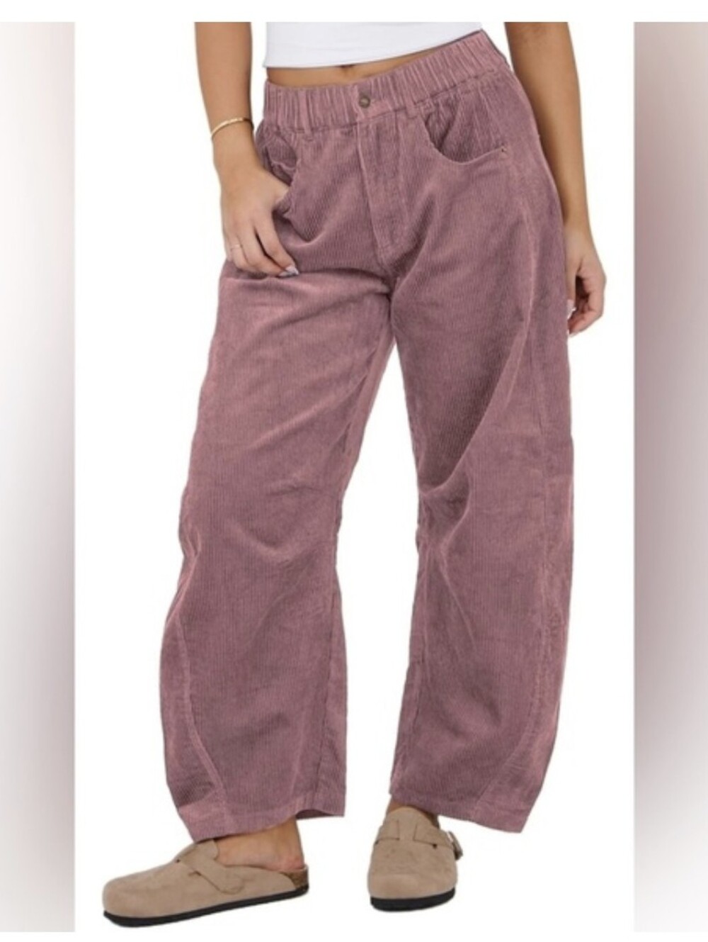 Mauve Corduroy Oversized Barrel Jeans Size S Elastic Waist